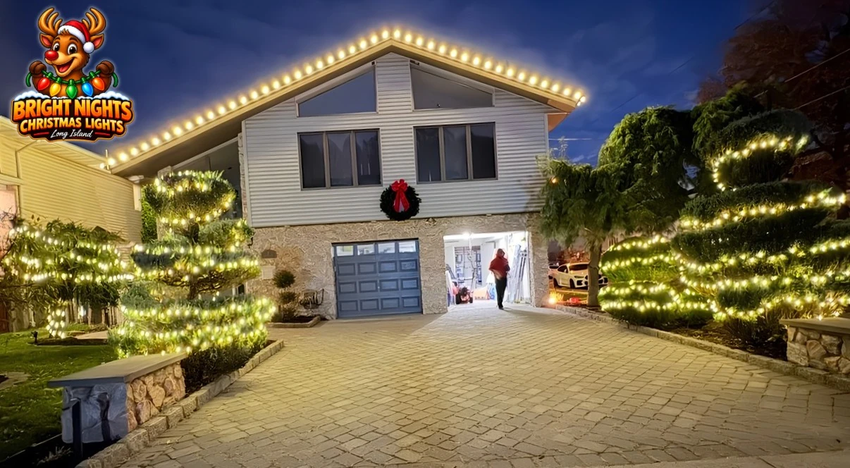 A home decorated with Christmas lights