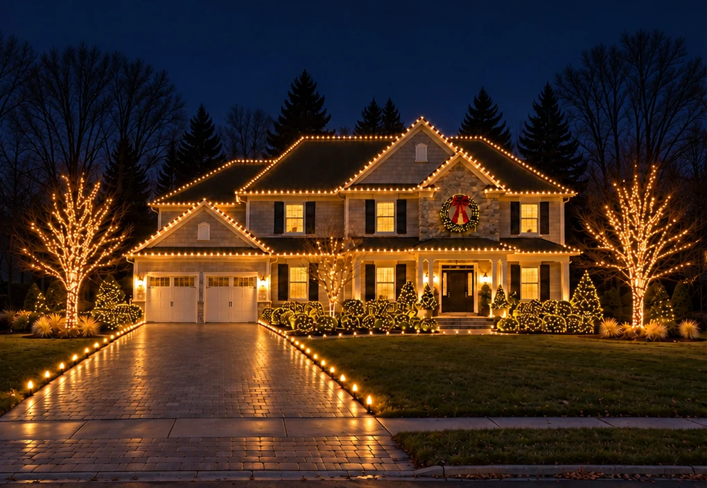 Christmas lighting design with warm white roof outlines, wreath, lit trees, driveway and walkway lights