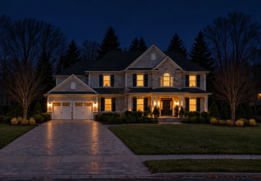 Colonial house before Christmas lighting, design illustration